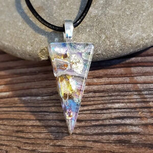 Dichroic Fused Art Glass Triangle Pastel Multi Pendant Black Leather Necklace C